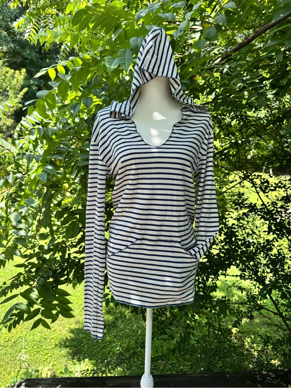 Spiritex Organic Cotton Striped Hoodie Pullover Top Navy Ivory Size Large